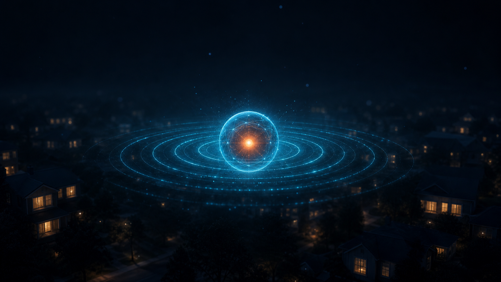 Pulsierender Watch-Node mit konzentrischen cyan Ringen und warmem Orange-Kern, vor dem schlafenden Wohnviertel im Hintergrund