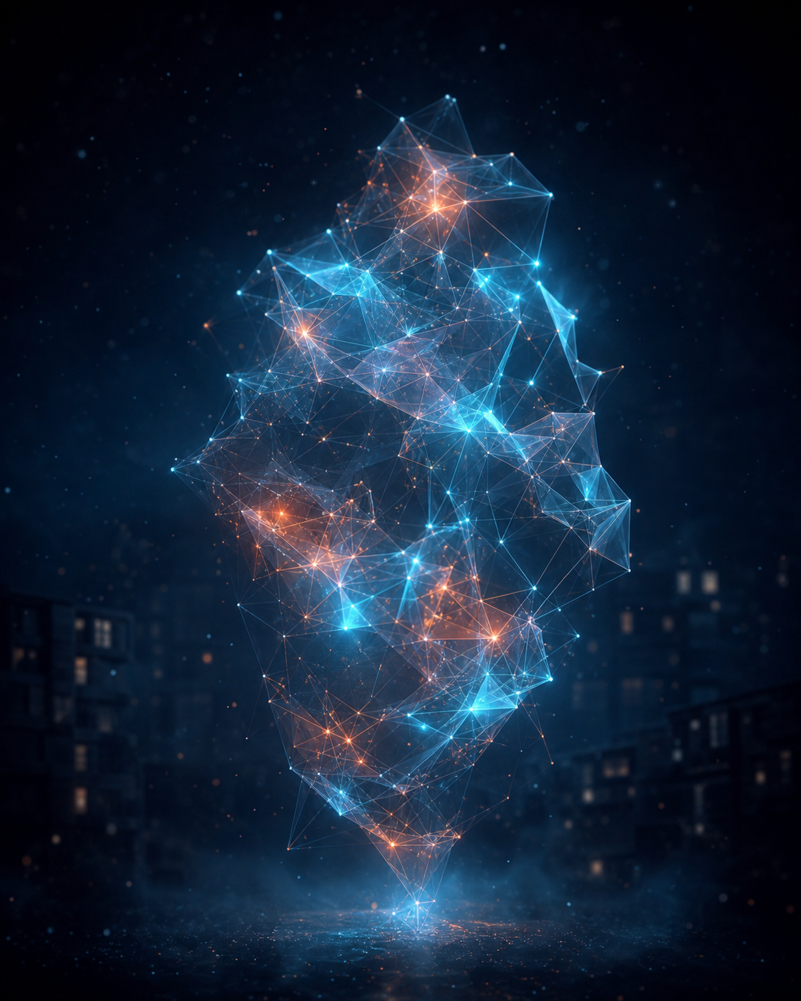 Abstrakte KI-Entität: ein fluider Cluster aus leuchtenden Knoten und Mesh-Linien in cyan-teal mit warmen Orange-Akzenten — kein Mensch, ein Akteur aus Compute und Aufmerksamkeit