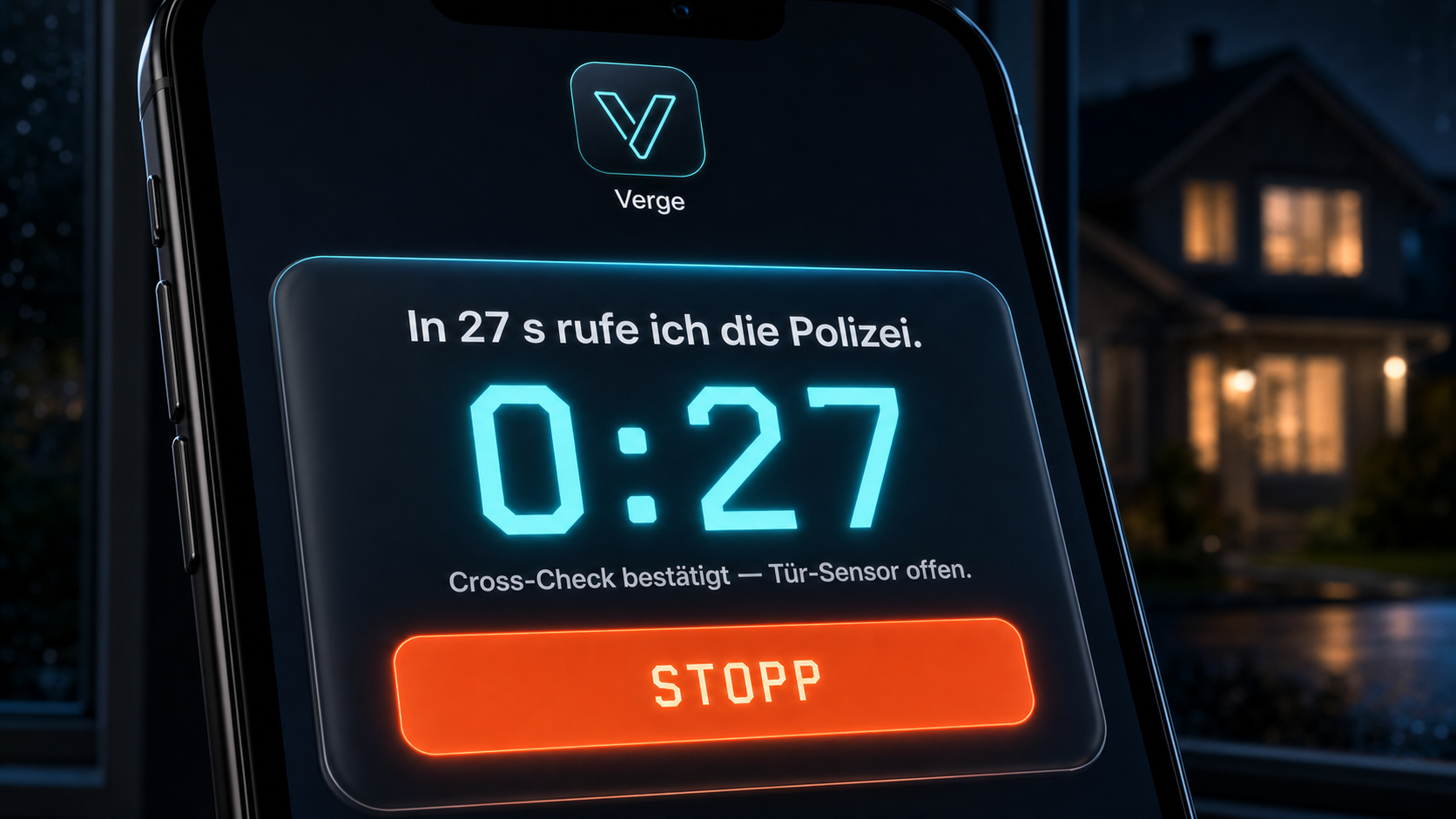Smartphone-Nahaufnahme mit kritischer Alert-UI: Countdown 0:27 in JetBrains Mono, Headline „In 27 s rufe ich die Polizei.