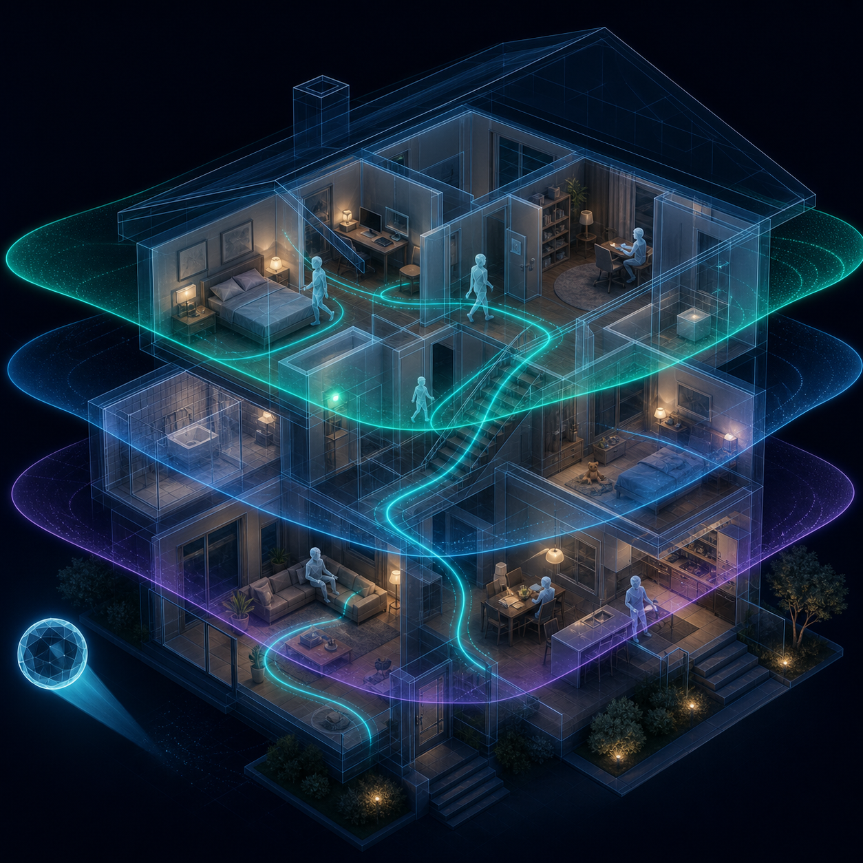 Isometrischer Digital Twin eines Wohnhauses: Wireframe-Architektur mit Bewohnern in Räumen, leuchtende Cyan-Pfade visualisieren typische Wege durch das Haus