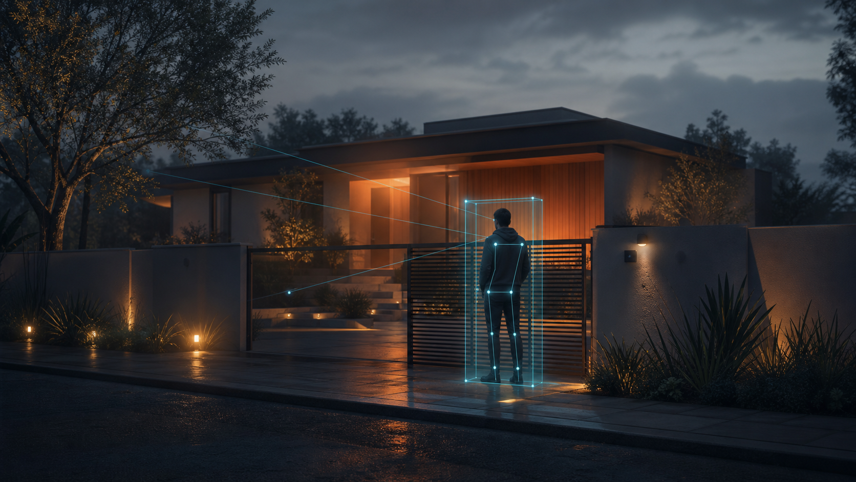 Live-Kamerasicht eines Wohnhauses bei Dämmerung mit eleganten AI-Detection-Overlays: cyan-teal Bounding Box um eine Person am Tor, Pose-Tracking-Linien, Intent-Inference-Visualisierung