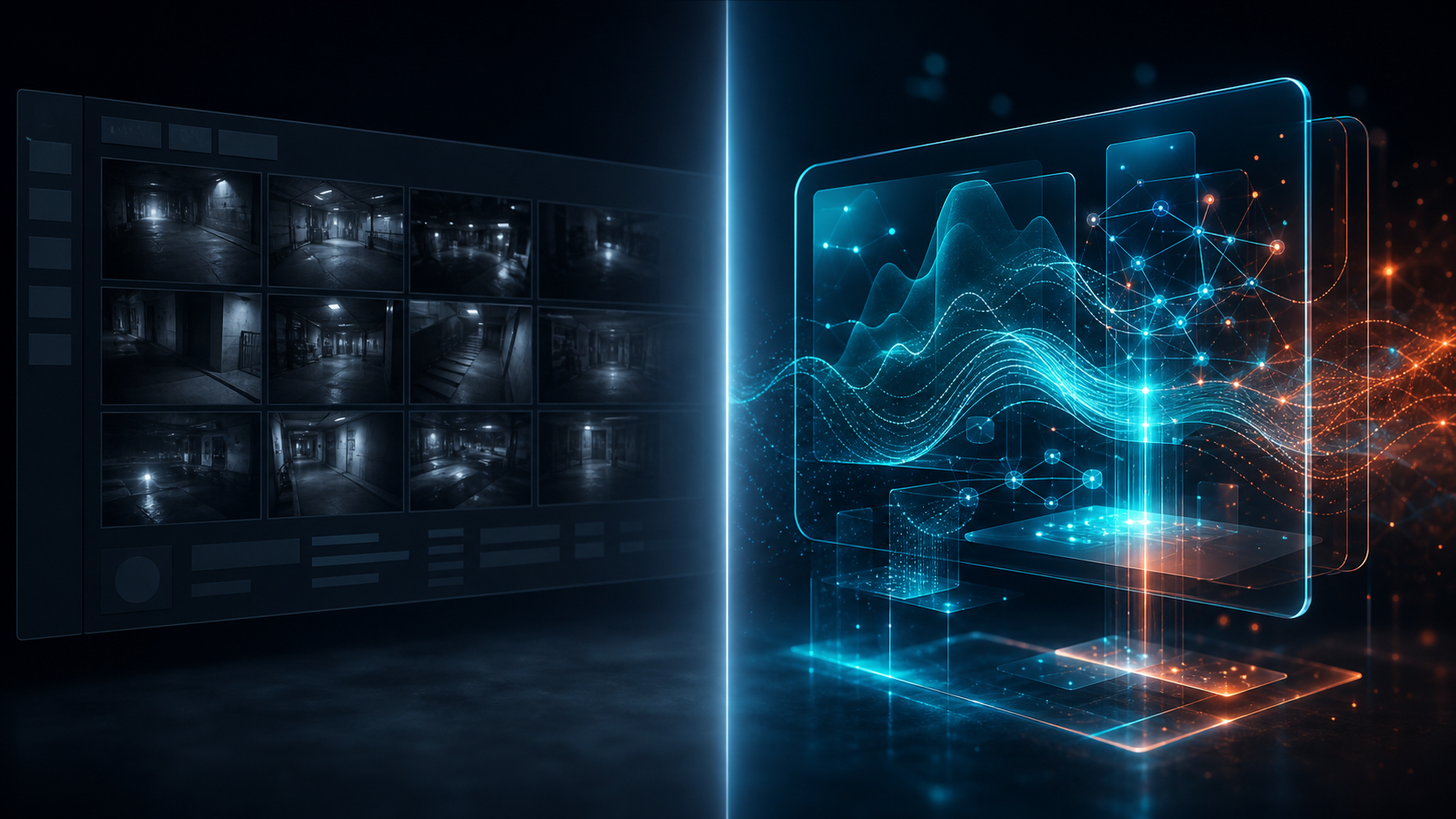 Split-Komposition: links ein generisches kaltes Überwachungs-UI, rechts eine elegante KI-Inference-Visualisierung mit Pulsewellen und Knotencluster — derselbe Vorgang, zwei Paradigmen